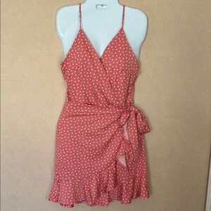 Elegant Coral Polka Dot Wrap Mini Dress
